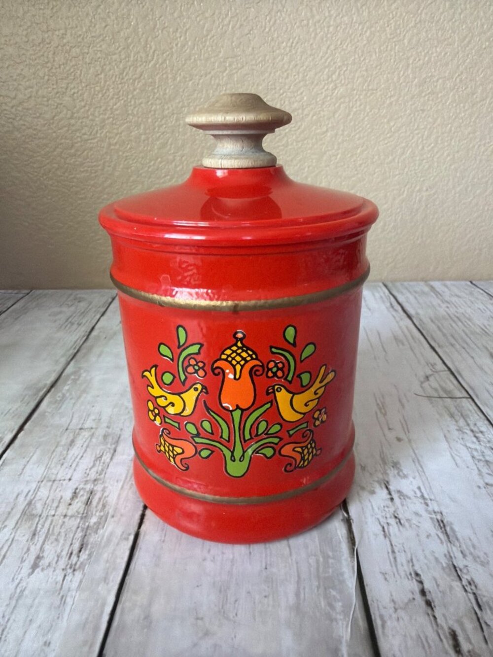 MCM  Kromex Small Canister Red Birds Floral Enamel Metal K-679 USA - Replacement
